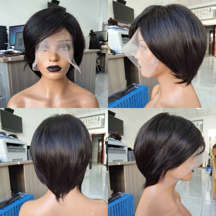 100% Human Hair Short Pixie Wigs Straight Lace Frontal Wig for Black Women