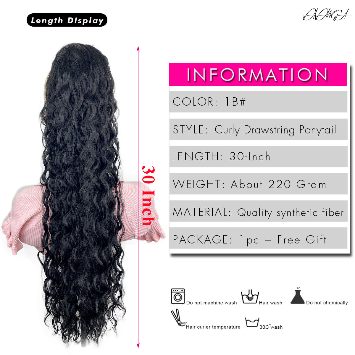 Long Curly Ponytail Extension, 30 Inch Drawstring Pony Tail Clip-in Hairpiece