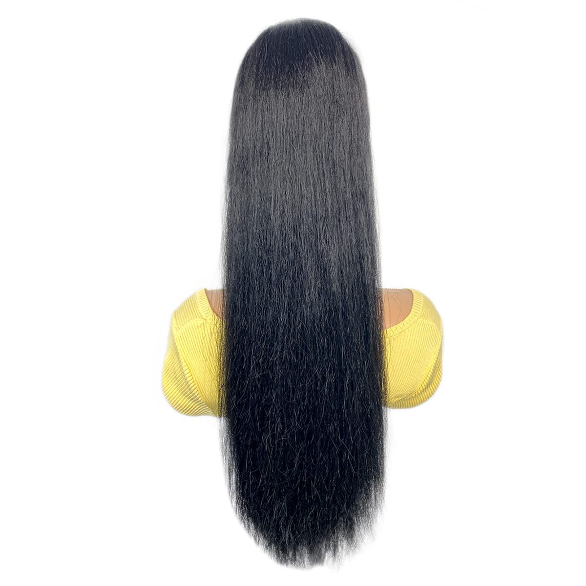 VAVANGA 24inch Yaky Straight Ponytail with Bangs, Long Synthetic Drawstring Ponytail & Swoop Side Bang Quick Pony Bang Clip in China Bang Attached Ponytail Extension for Black Women