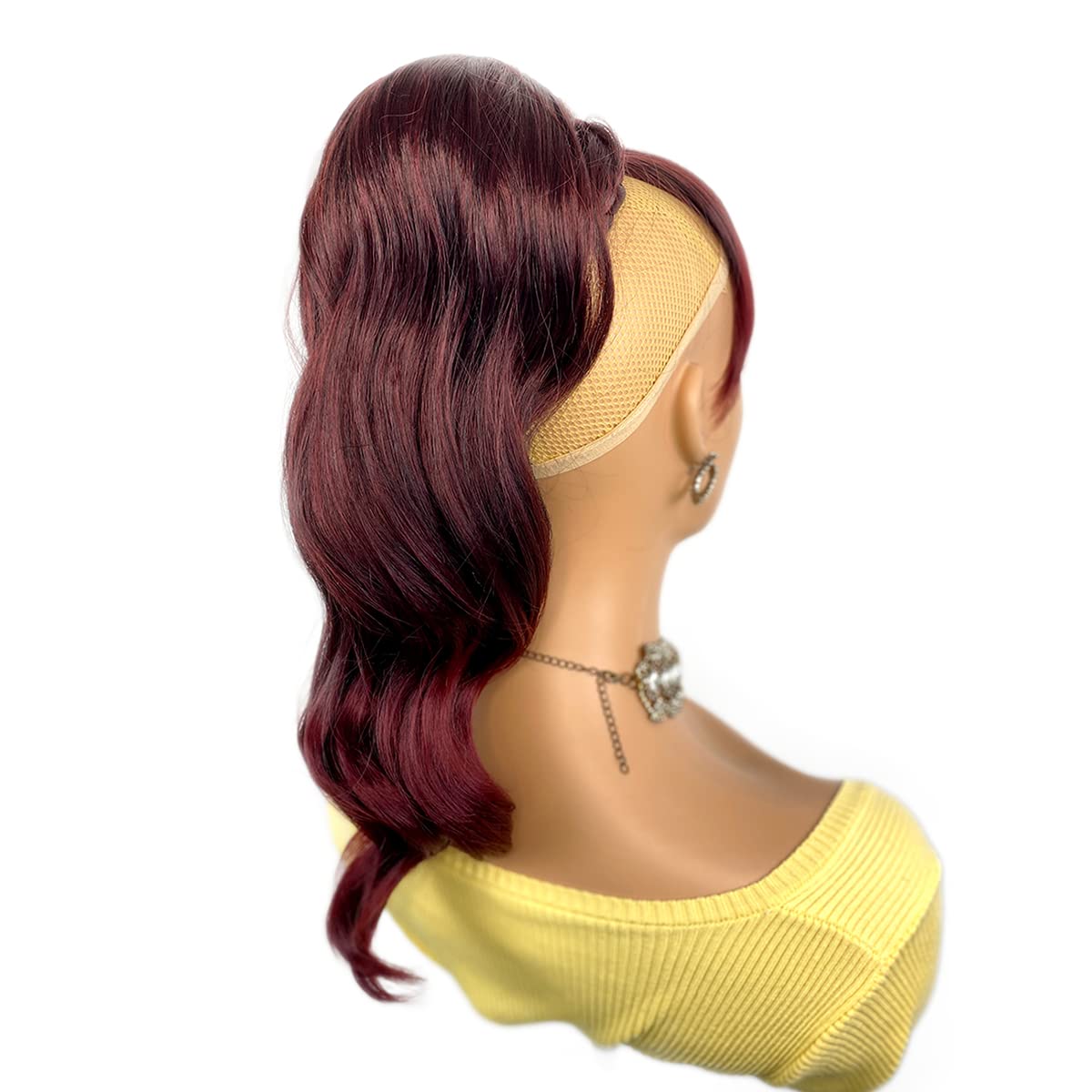 VAVANGA 16inch Loose Deep Wave Ponytail with Bangs, Synthetic Ombre Red Ponytail & Swoop Side Bang Quick Pony Bang Hair piece China Bang Attached Drawstring Ponytail Extension for Black Women
