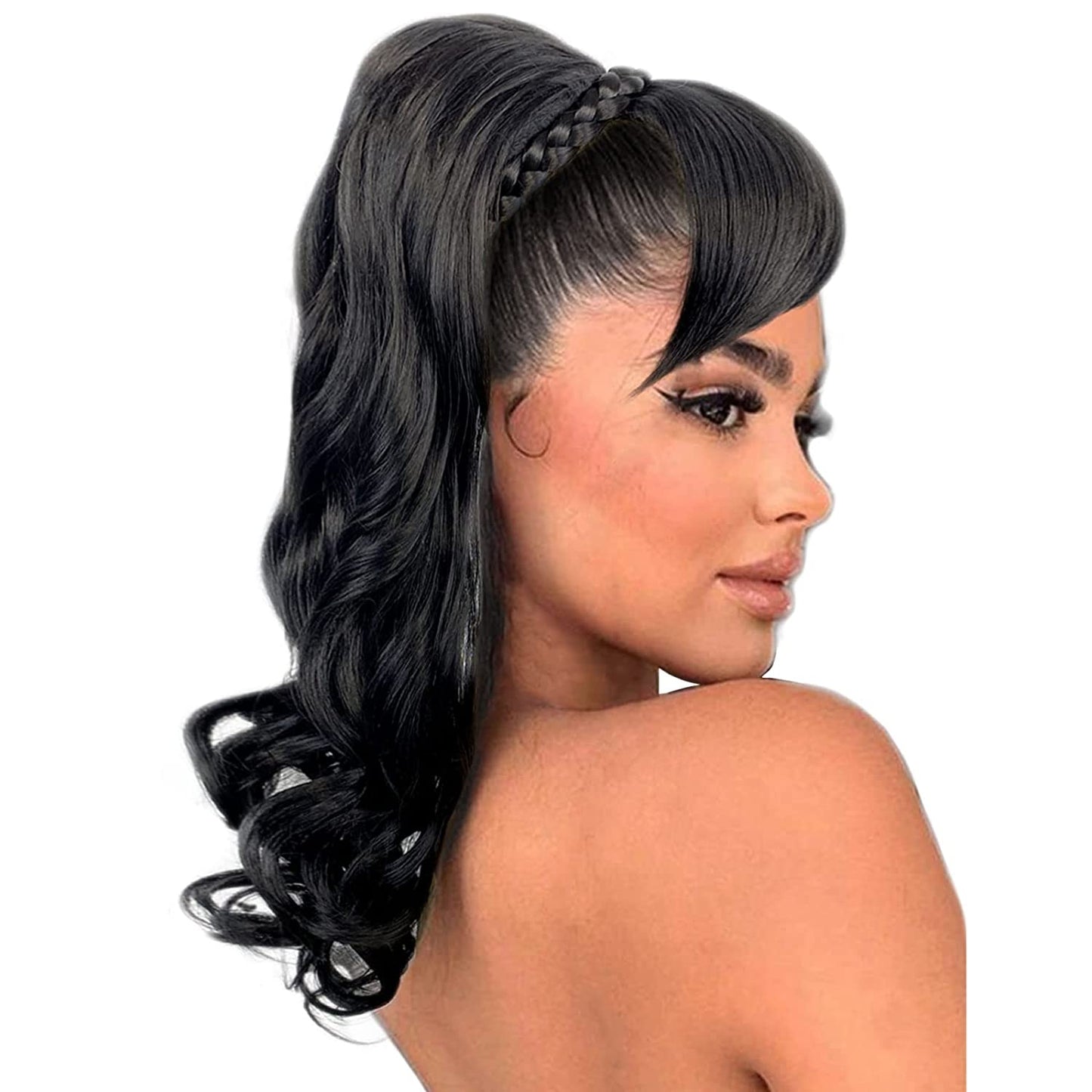 VAVANGA 18inch Loose Deep Curly Ponytail with Bangs, Synthetic Ponytail & Swoop Bang Quick Pony Bang Hair piece Natural China Bang Attached Drawstring Ponytail Extension for Black Women