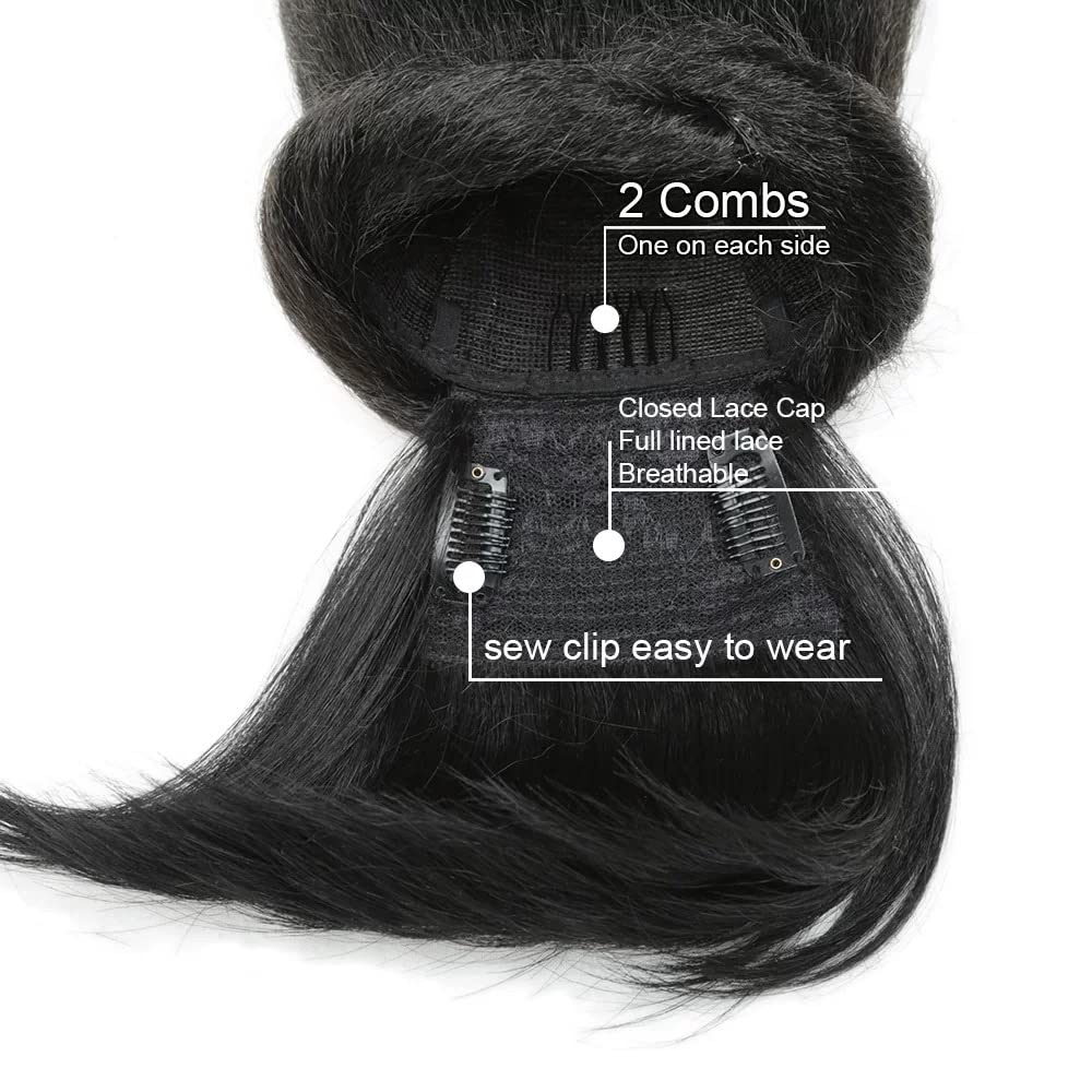 VAVANGA 24inch Yaky Straight Ponytail with Bangs, Long Synthetic Drawstring Ponytail & Swoop Side Bang Quick Pony Bang Clip in China Bang Attached Ponytail Extension for Black Women