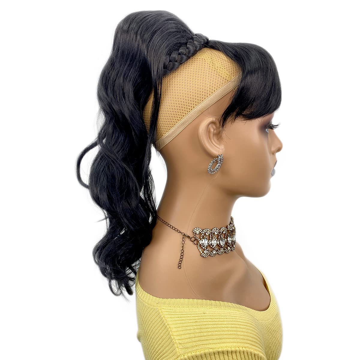 VAVANGA 16inch Loose Deep Wave Ponytail with Bangs, Synthetic Hair Black Ponytail & Swoop Side Bang Quick Pony Bang Hair piece China Bang Attached Drawstring Ponytail Extension for Black Women