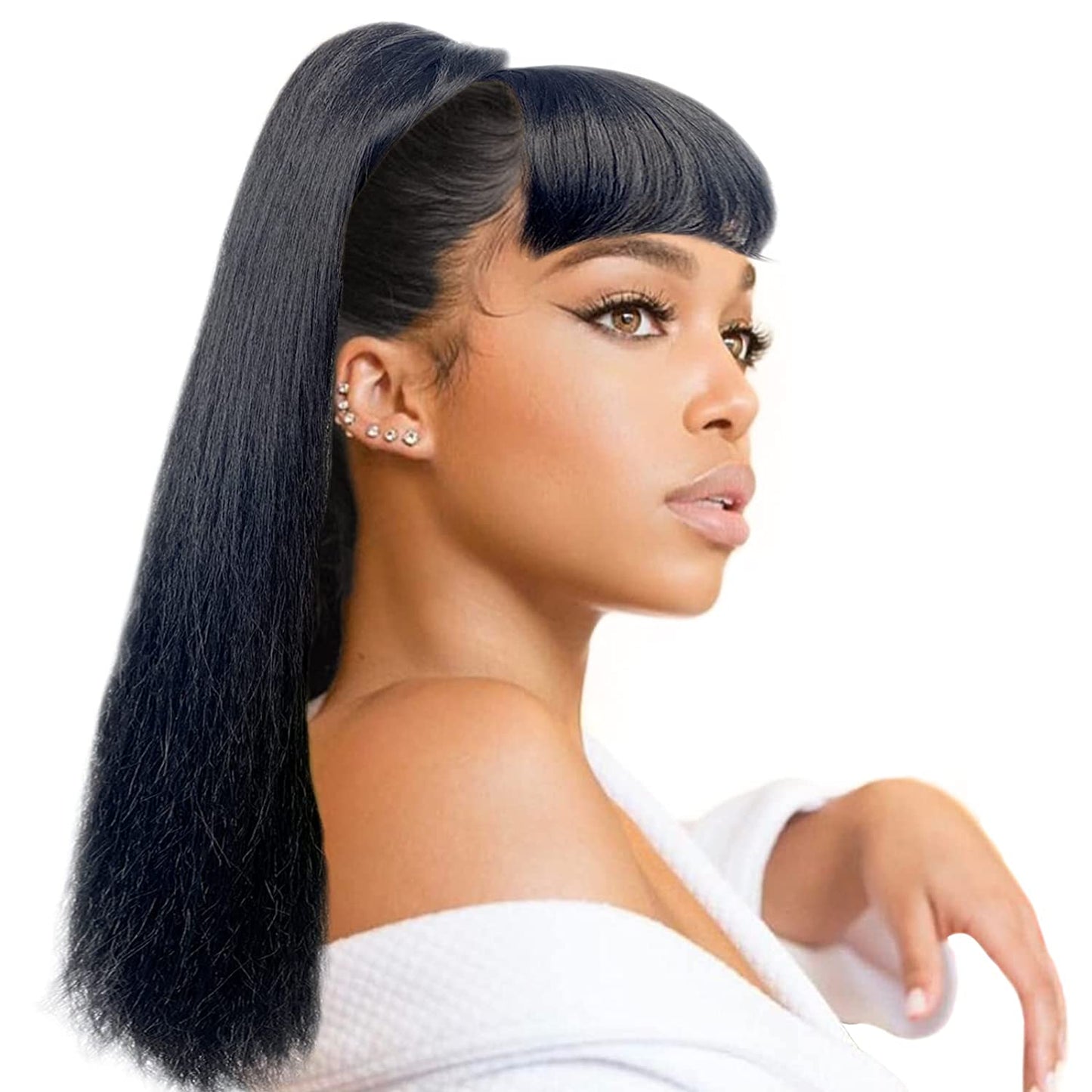 VAVANGA 24inch Yaky Straight Ponytail with Bangs, Long Synthetic Drawstring Ponytail & Swoop Side Bang Quick Pony Bang Clip in China Bang Attached Ponytail Extension for Black Women