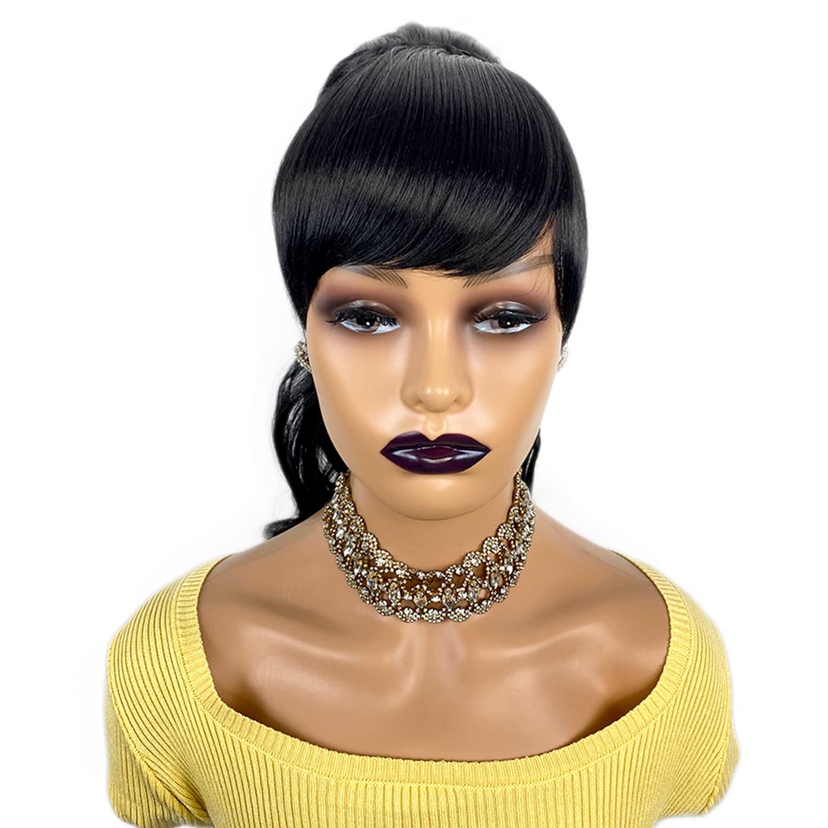 VAVANGA 18inch Loose Deep Curly Ponytail with Bangs, Synthetic Ponytail & Swoop Bang Quick Pony Bang Hair piece Natural China Bang Attached Drawstring Ponytail Extension for Black Women