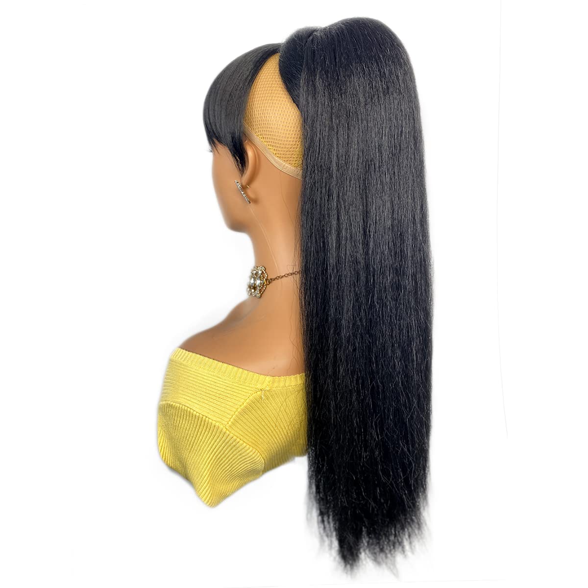 VAVANGA 24inch Yaky Straight Ponytail with Bangs, Long Synthetic Drawstring Ponytail & Swoop Side Bang Quick Pony Bang Clip in China Bang Attached Ponytail Extension for Black Women