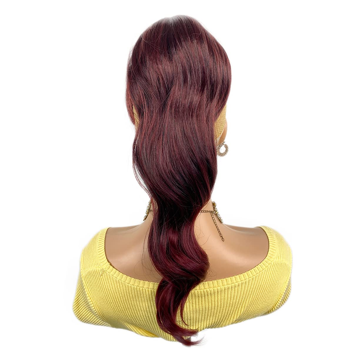 VAVANGA 16inch Loose Deep Wave Ponytail with Bangs, Synthetic Ombre Red Ponytail & Swoop Side Bang Quick Pony Bang Hair piece China Bang Attached Drawstring Ponytail Extension for Black Women