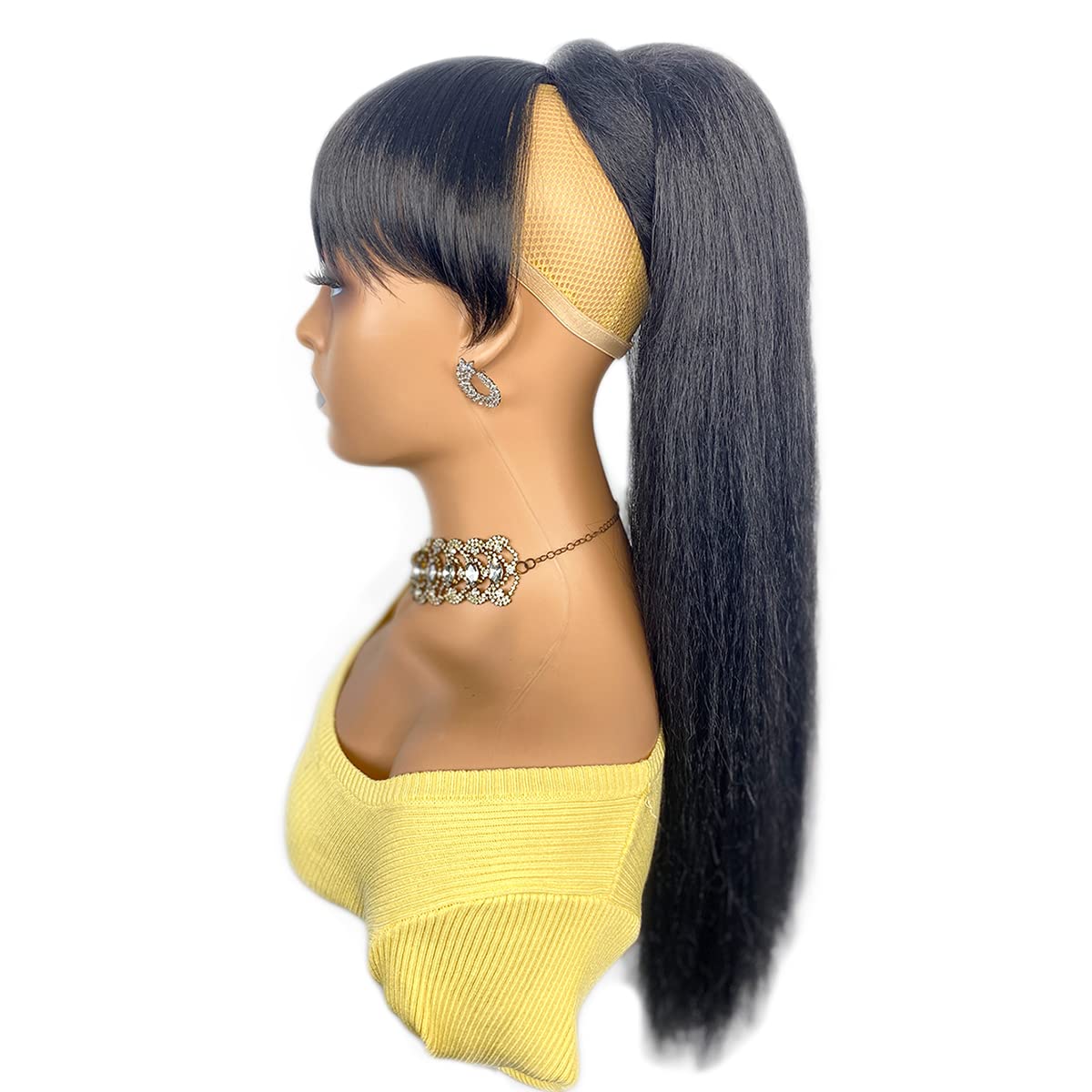 VAVANGA 24inch Yaky Straight Ponytail with Bangs, Long Synthetic Drawstring Ponytail & Swoop Side Bang Quick Pony Bang Clip in China Bang Attached Ponytail Extension for Black Women
