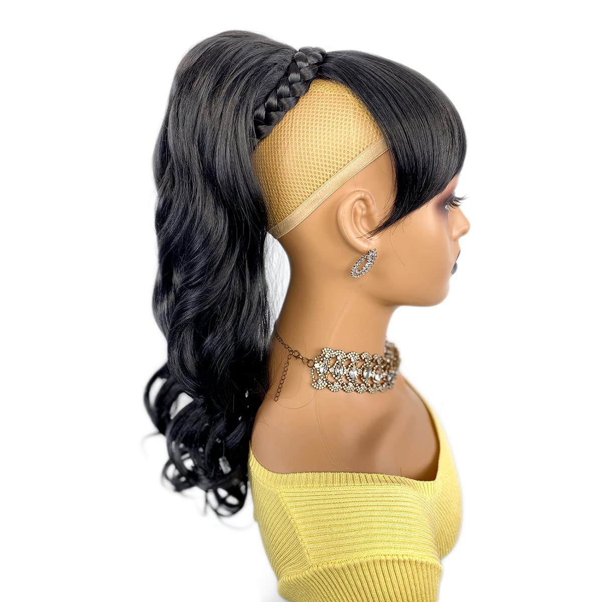 VAVANGA 18inch Loose Deep Curly Ponytail with Bangs, Synthetic Ponytail & Swoop Bang Quick Pony Bang Hair piece Natural China Bang Attached Drawstring Ponytail Extension for Black Women