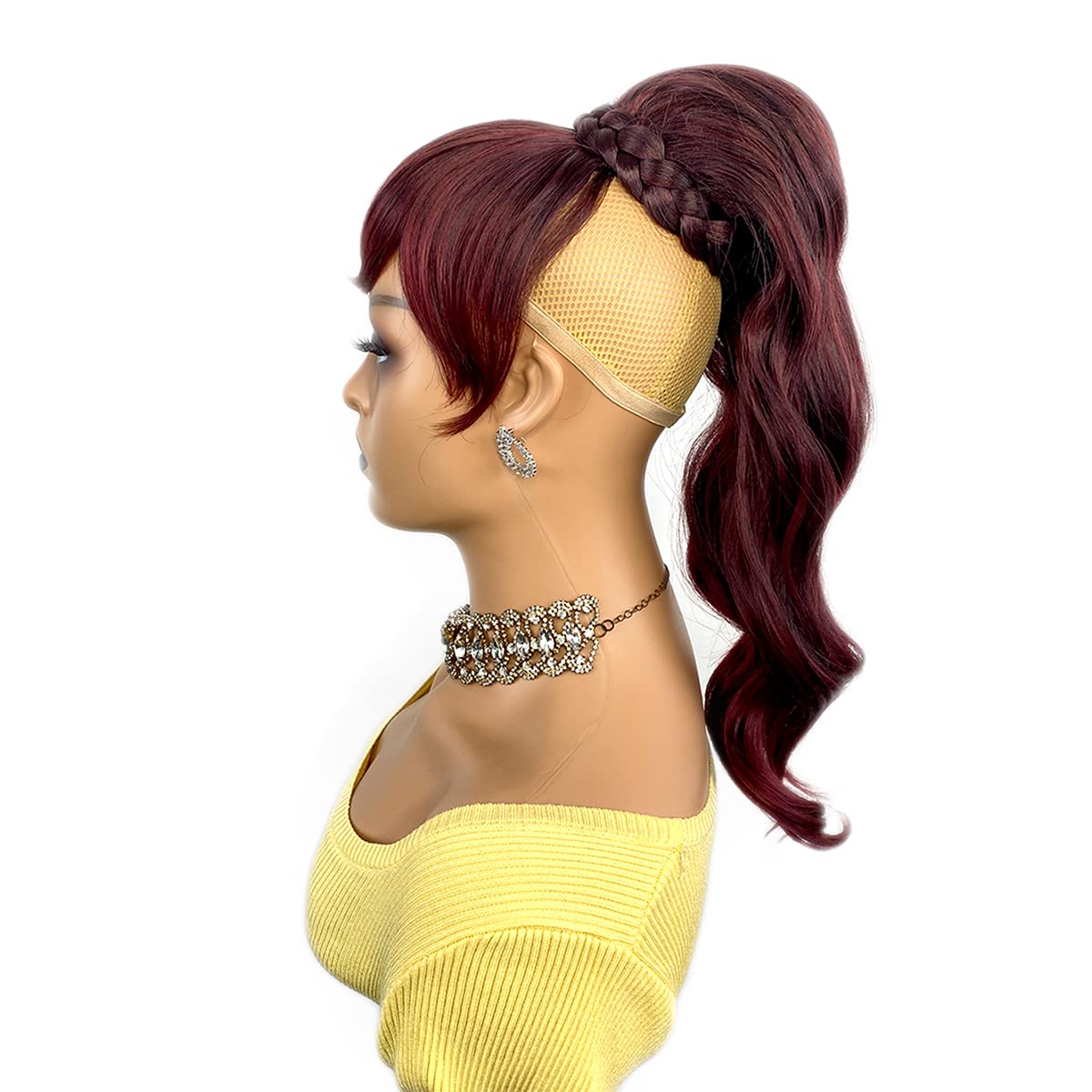 VAVANGA 16inch Loose Deep Wave Ponytail with Bangs, Synthetic Ombre Red Ponytail & Swoop Side Bang Quick Pony Bang Hair piece China Bang Attached Drawstring Ponytail Extension for Black Women