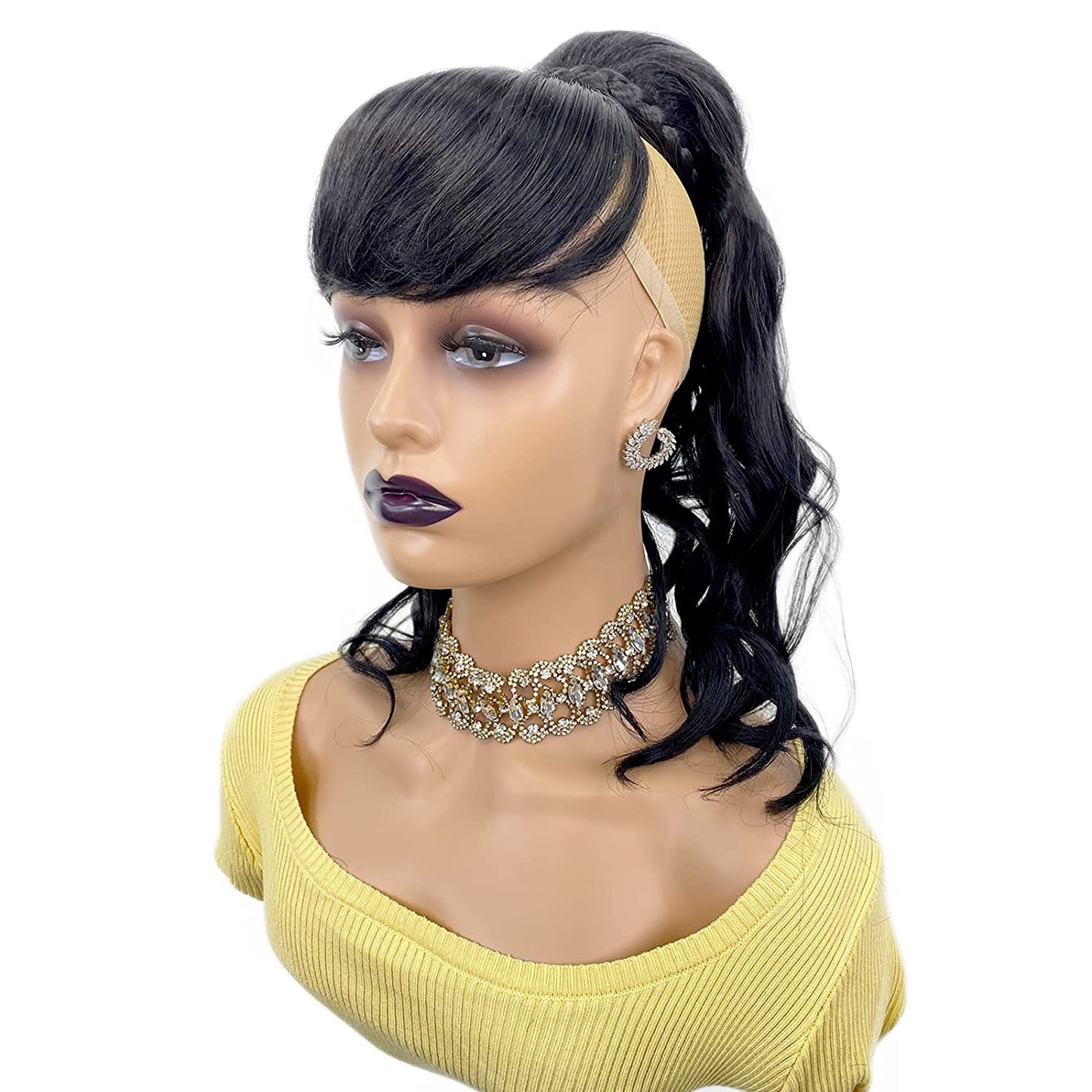 VAVANGA 16inch Loose Deep Wave Ponytail with Bangs, Synthetic Hair Black Ponytail & Swoop Side Bang Quick Pony Bang Hair piece China Bang Attached Drawstring Ponytail Extension for Black Women