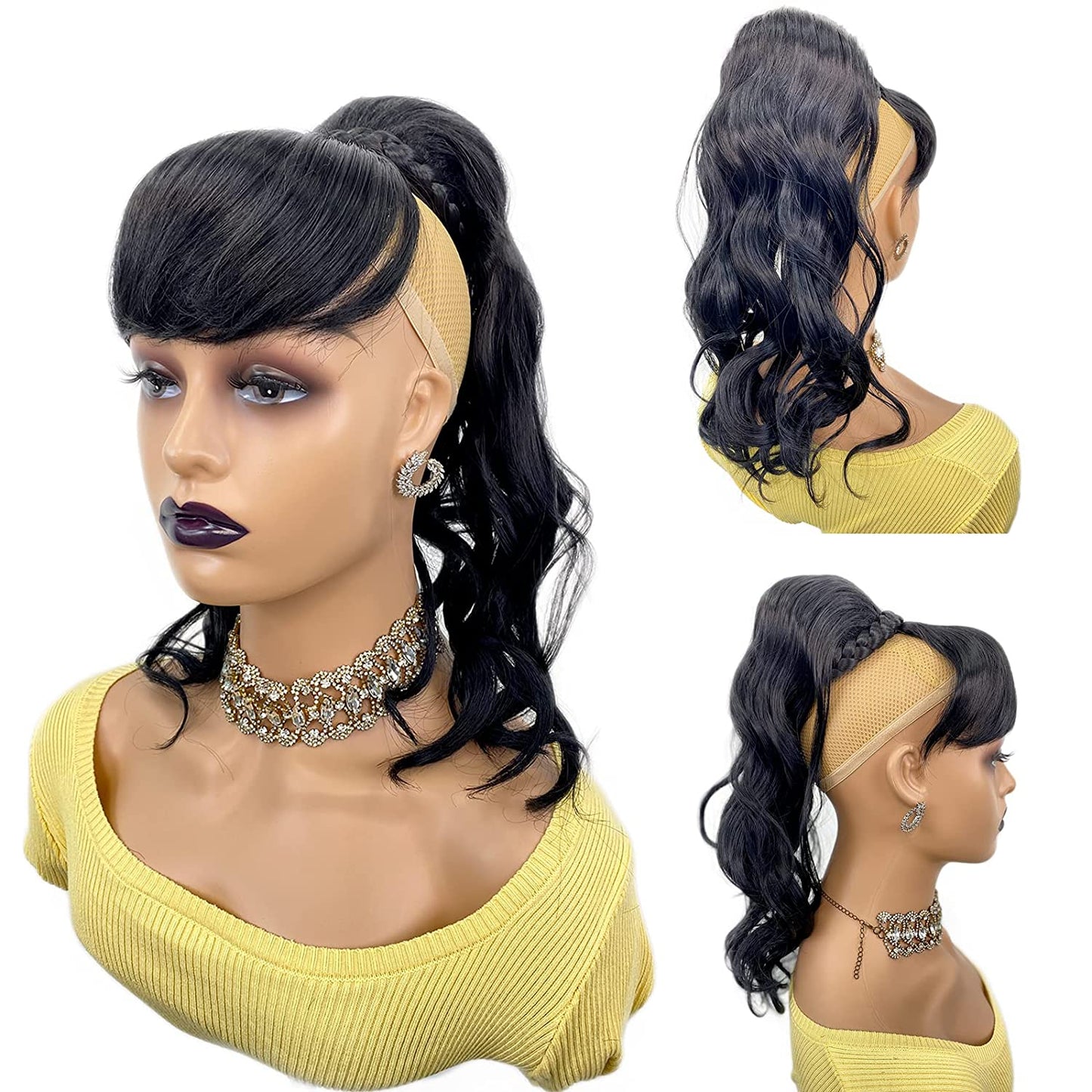 VAVANGA 16inch Loose Deep Wave Ponytail with Bangs, Synthetic Hair Black Ponytail & Swoop Side Bang Quick Pony Bang Hair piece China Bang Attached Drawstring Ponytail Extension for Black Women