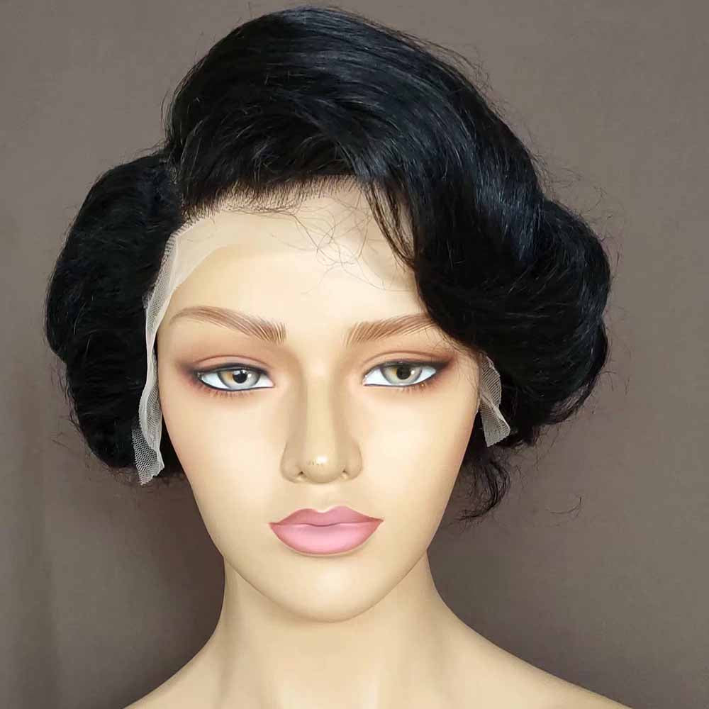 Black Curly Pixie Cut Lace Wig Lace Frontal Wig for African American