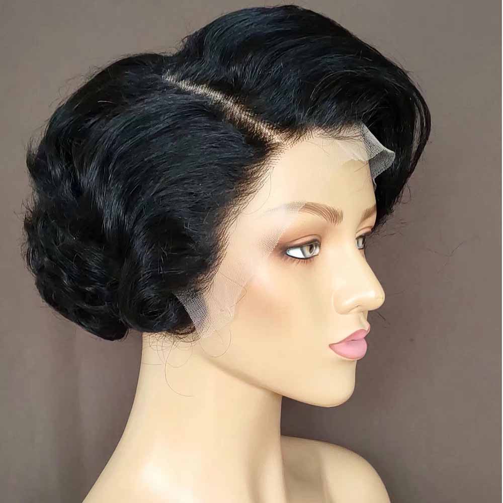 Black Curly Pixie Cut Lace Wig Lace Frontal Wig for African American