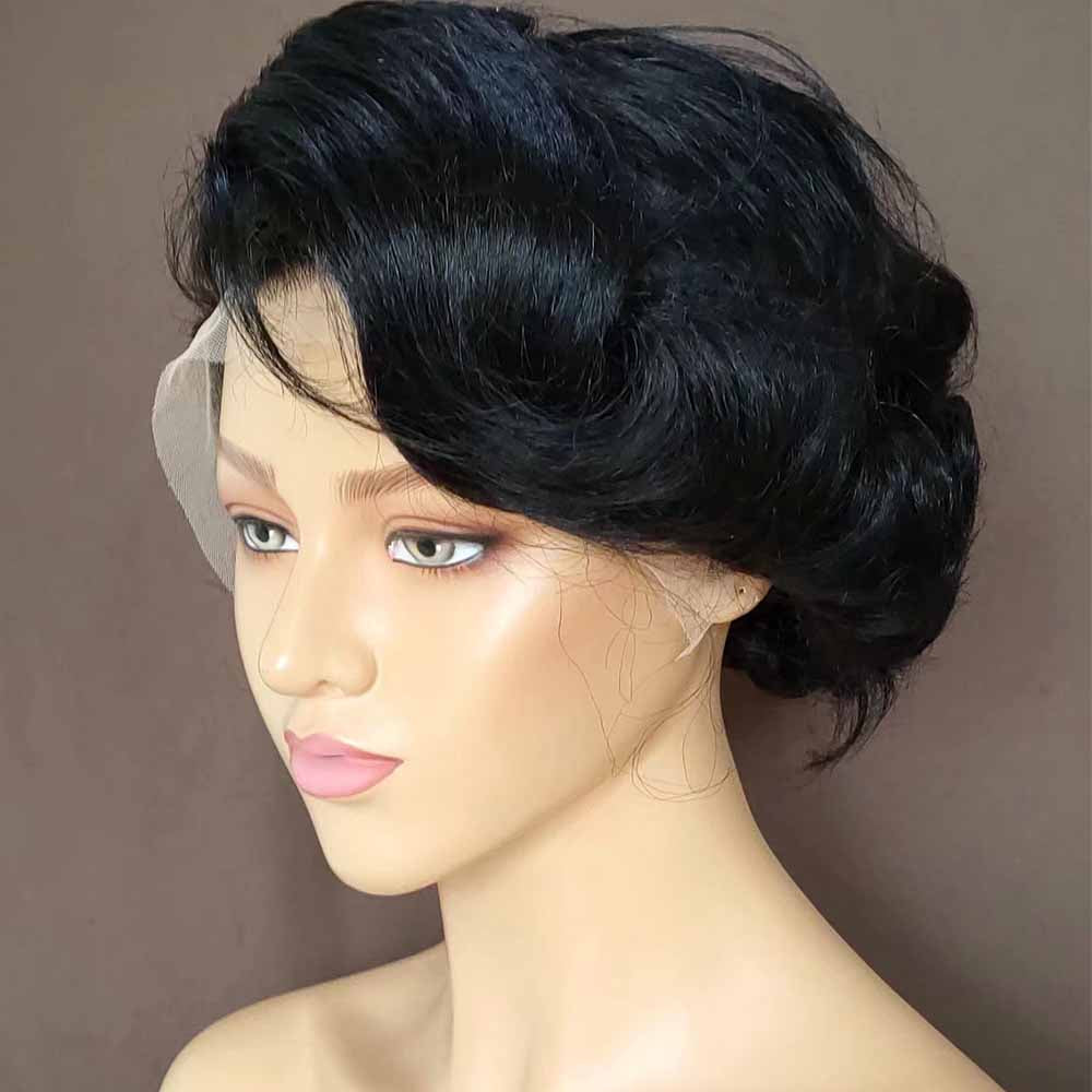Black Curly Pixie Cut Lace Wig Lace Frontal Wig for African American