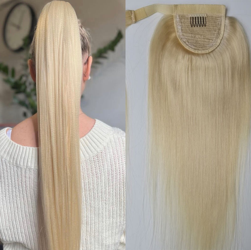 Blonde Human Hair Clip in Ponytail Straight