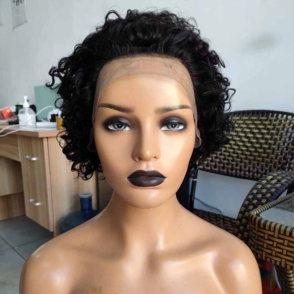 Brazilian Curly Pixie Cut Wig Human Hair Lace Frontal Wig for African American