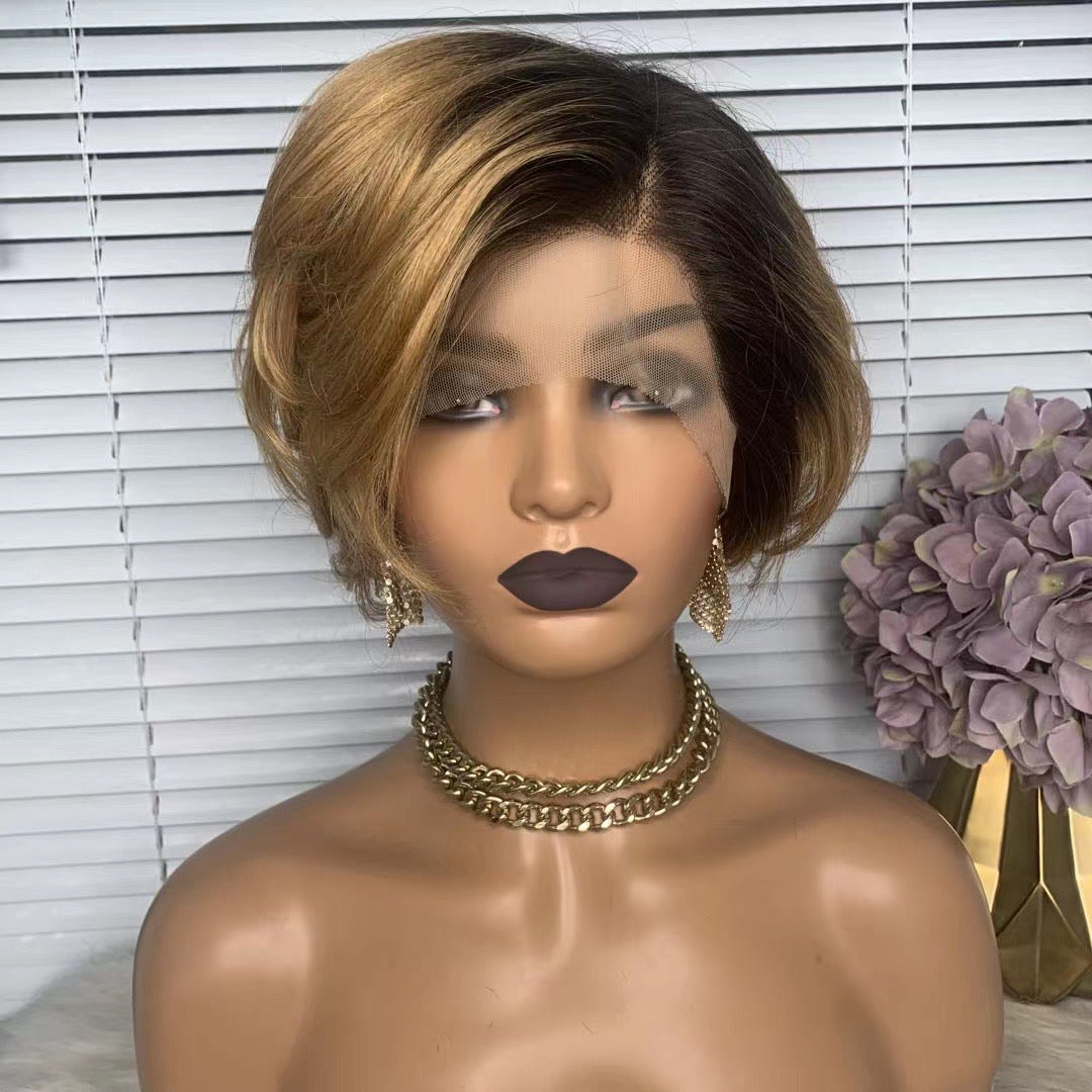 Brown Ombre Pixie Cut Human Hair Wig 13x1 Lace Wig For African American
