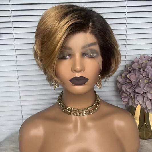 Brown Ombre Pixie Cut Human Hair Wig 13x1 Lace Wig For African American