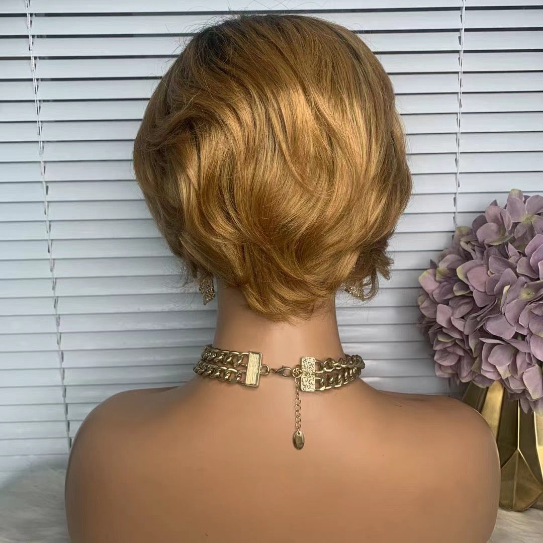Brown Ombre Pixie Cut Human Hair Wig 13x1 Lace Wig For black women