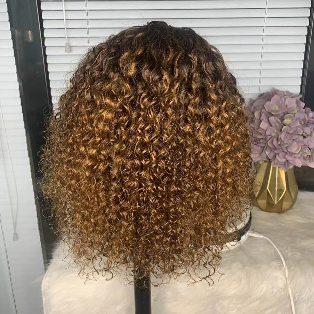 best Brown highlight Human Hair Curly Wig With Bangs For African American