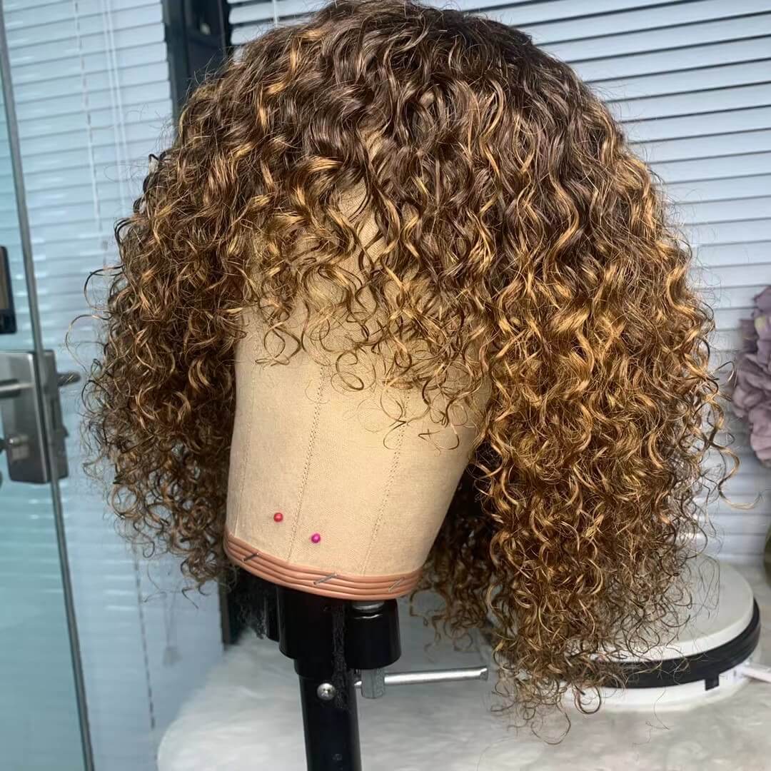 short Brown highlight Human Hair Curly Wig With Bangs For African American
