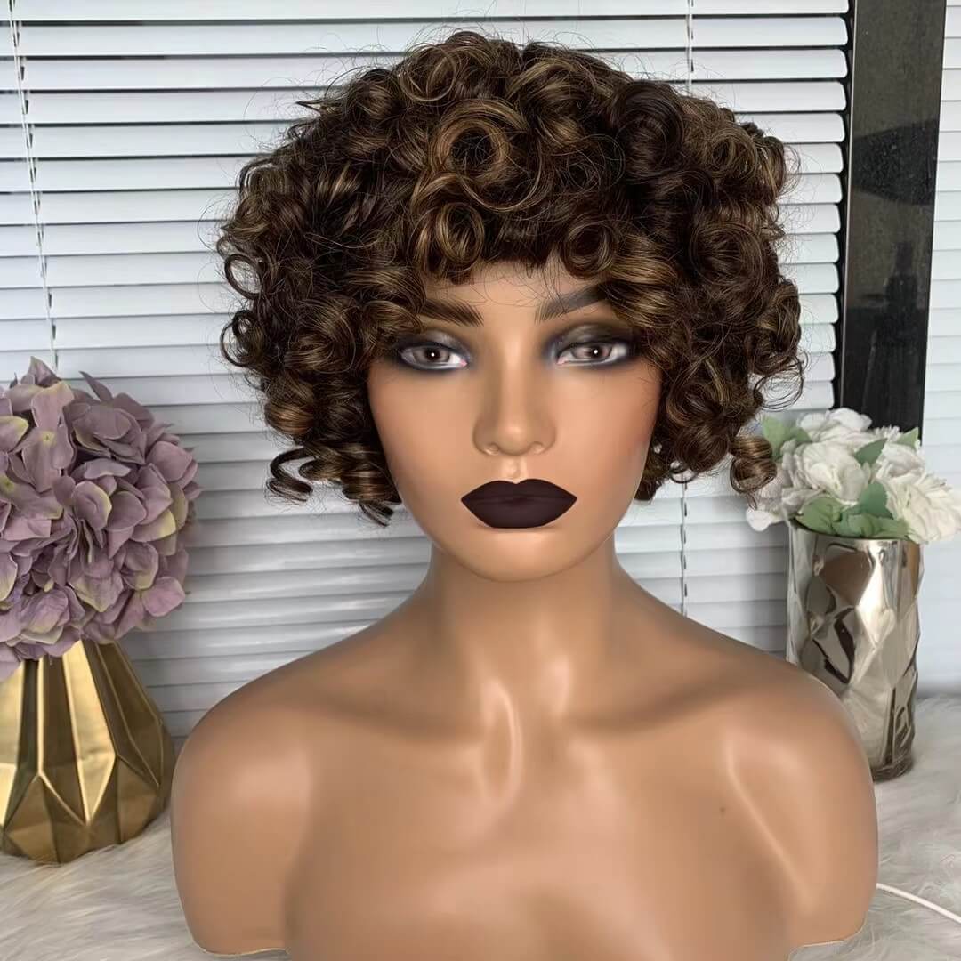 Brown highlight Human Hair Loose Wave Wig With Bangs