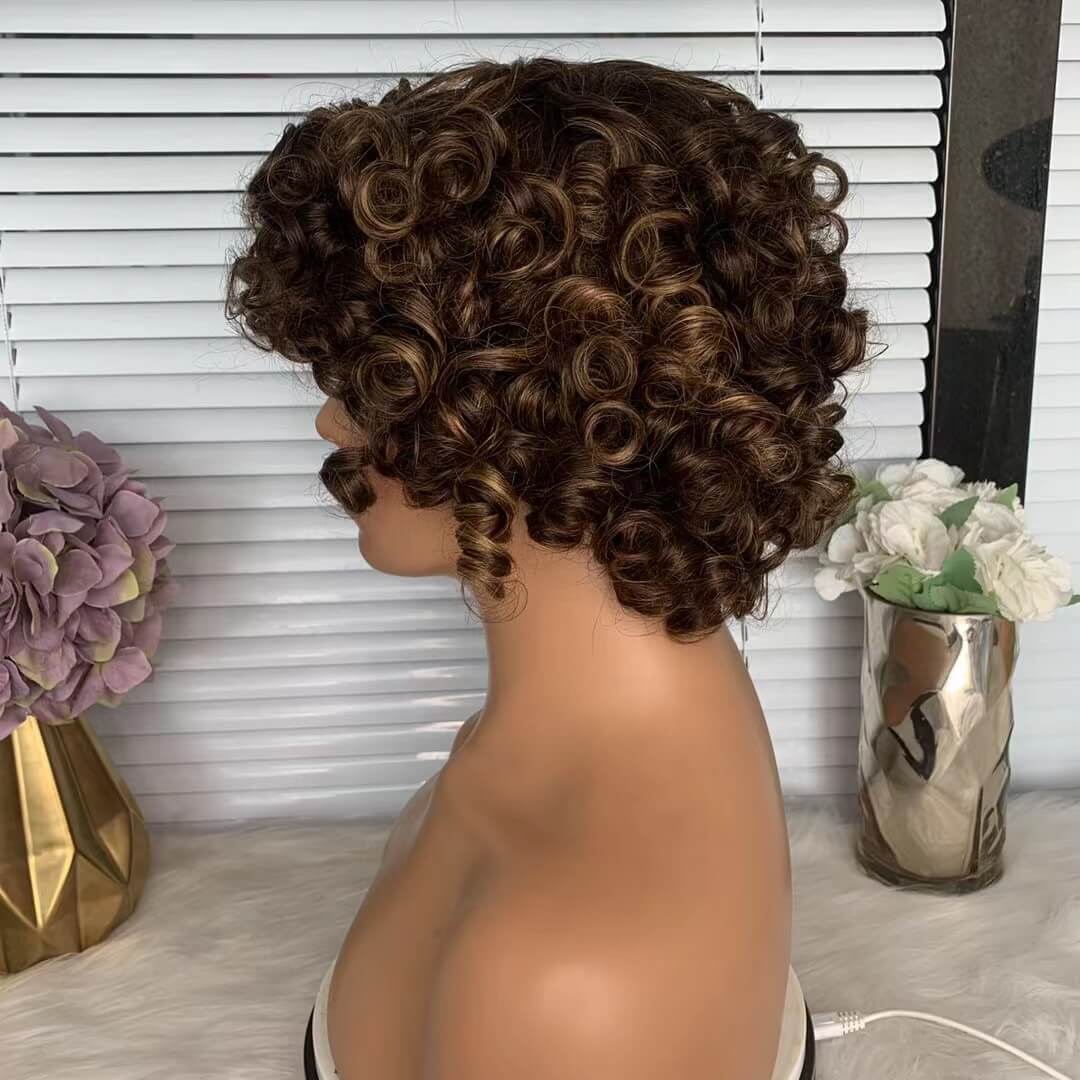 Brown highlight Human Hair Loose Wave Wig With Bangs For black women