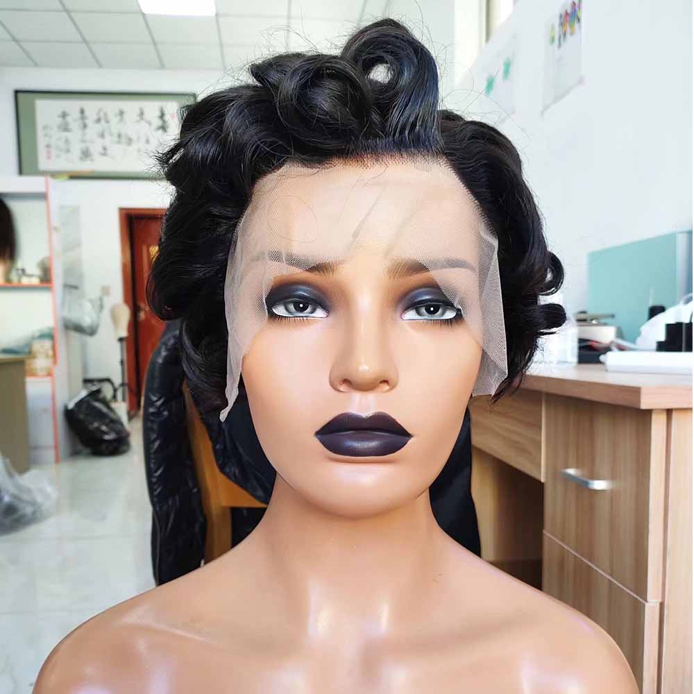 Curly Pixie Cut Lace Wig Human Hair Lace Frontal Wig for African American