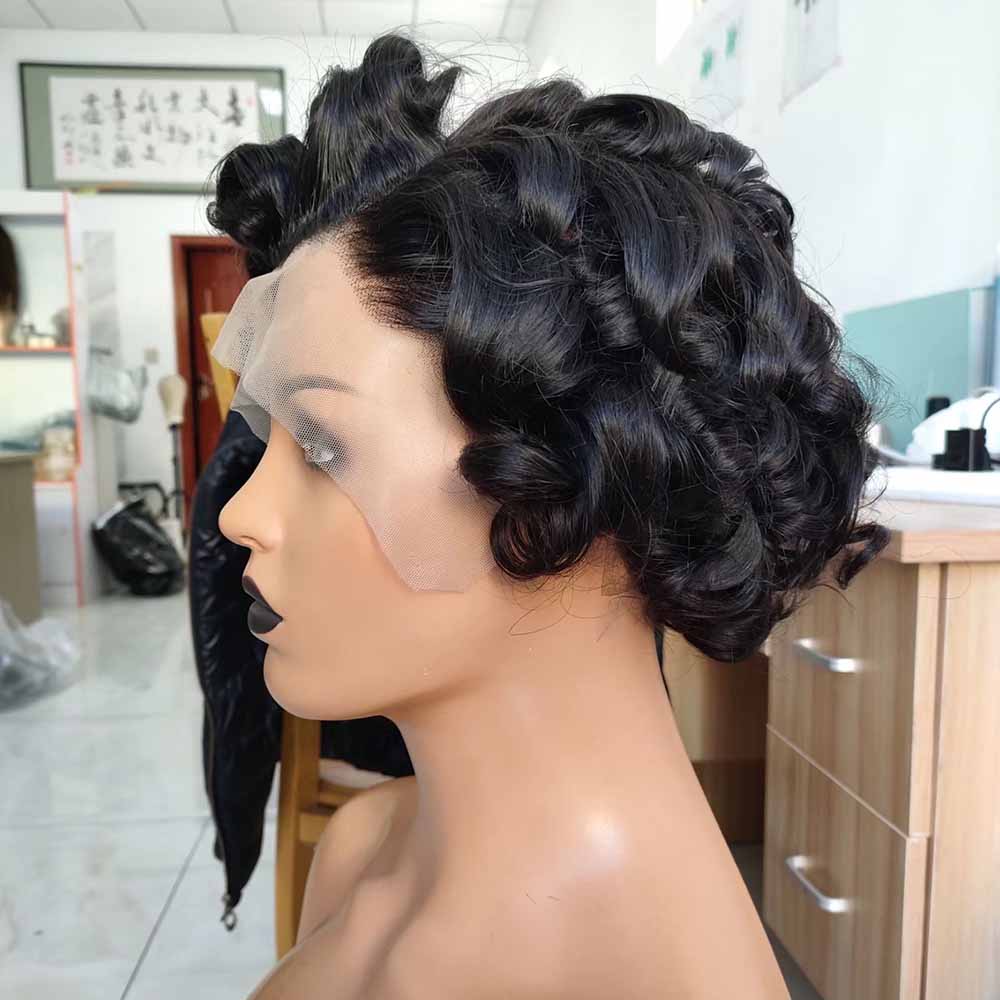Curly Pixie Cut Lace Wig Human Hair Lace Frontal Wig for African American