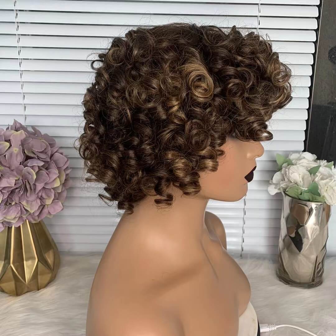 Dark Brown highlight Human Hair Loose Wave Wig WithB angs For African American