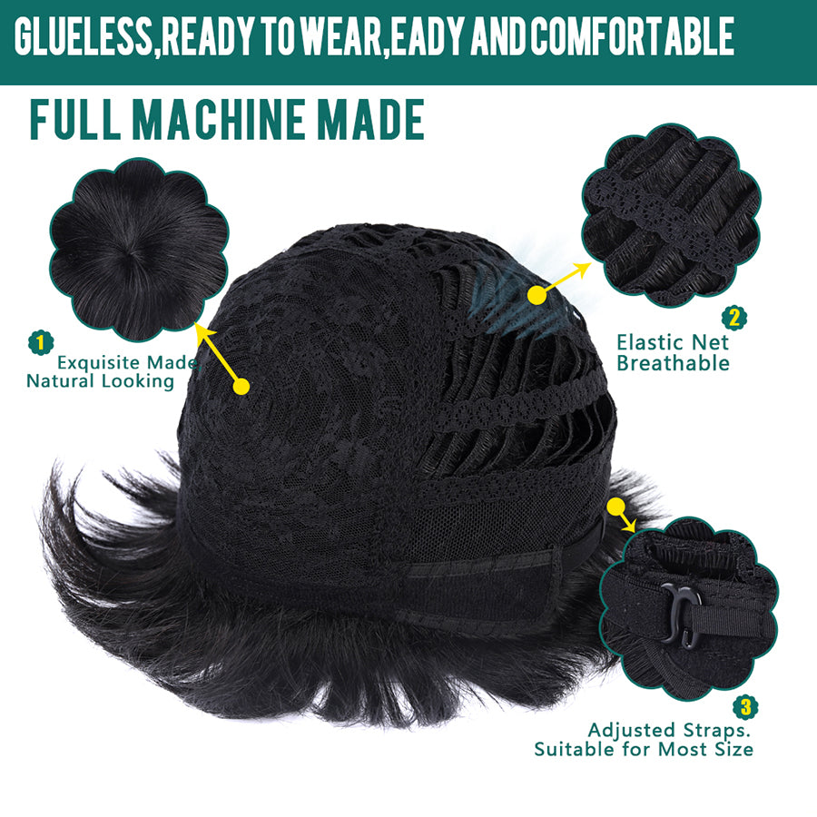 Black Human Hair Curly Wig With Bangs For African American