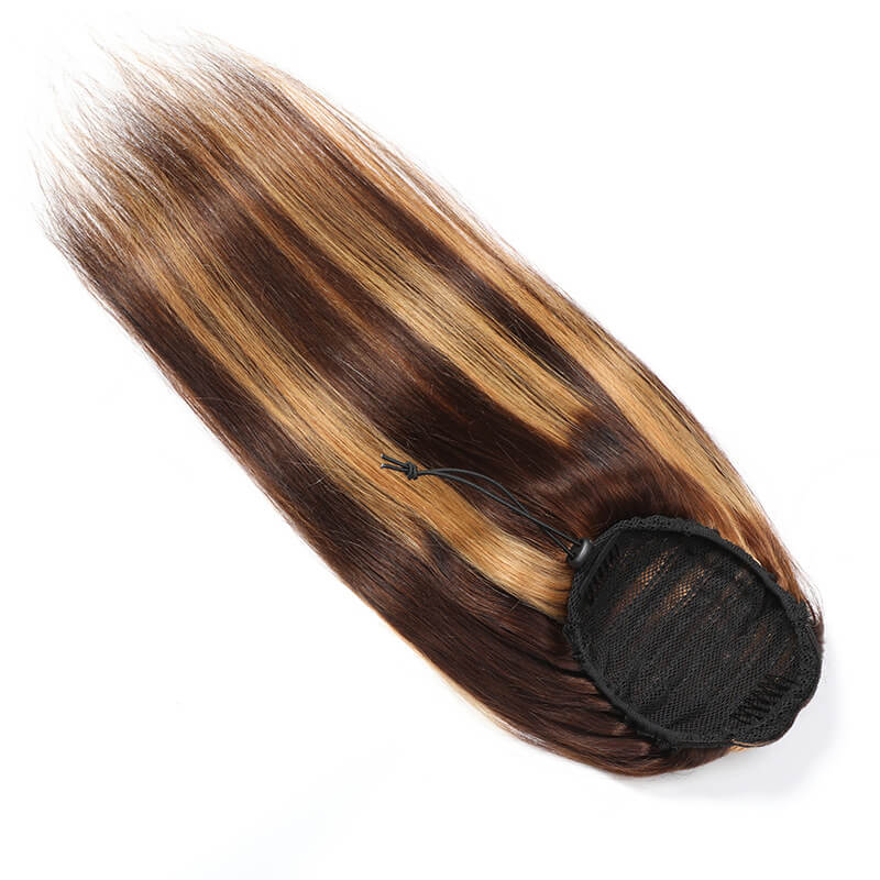 Highlight Human Hair Drawstring Ponytail straight
