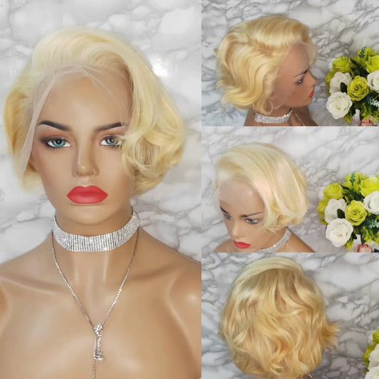 short blonde pixie cut curly wig human hair for Black Women