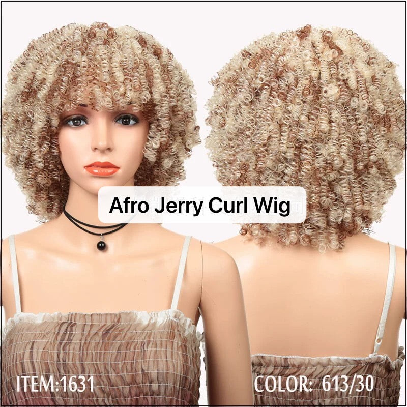 Afro Jerry Curl Wig With Bangs Short Synthetic Wig Afro kinky for Black Women