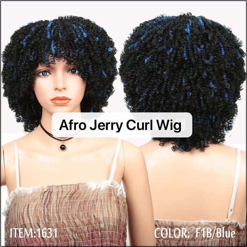 Afro Jerry Curl Wig With Bangs Short Synthetic Wig Afro kinky for Black Women