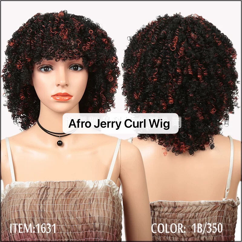 Afro Jerry Curl Wig With Bangs Short Synthetic Wig Afro kinky for Black Women