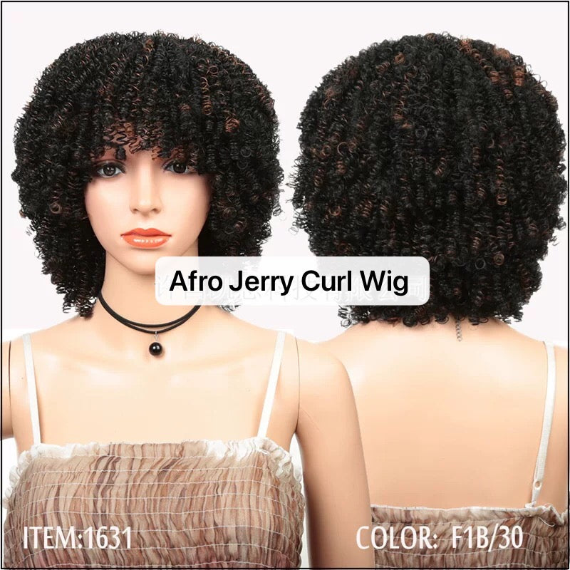 Afro Jerry Curl Wig With Bangs Short Synthetic Wig Afro kinky for Black Women
