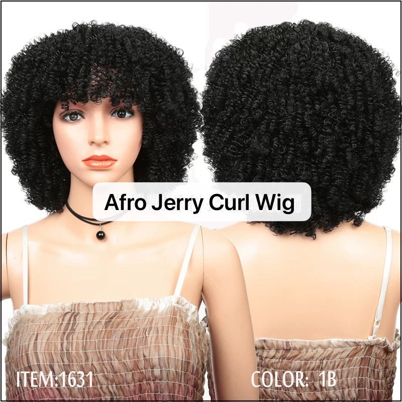 Afro Jerry Curl Wig With Bangs Short Synthetic Wig Afro kinky for Black Women