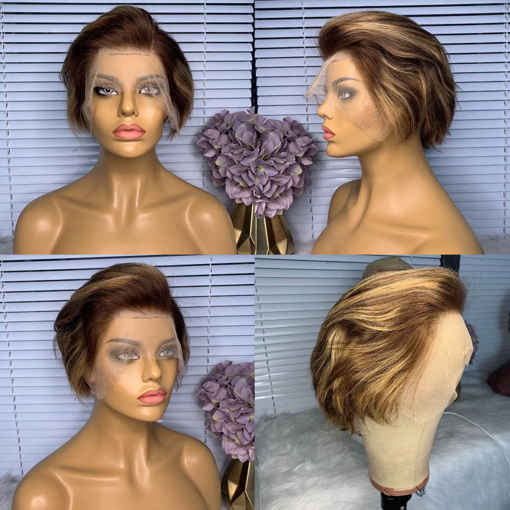 Pixie Cut Highlighted Wig Human Hair Lace Wig For African American