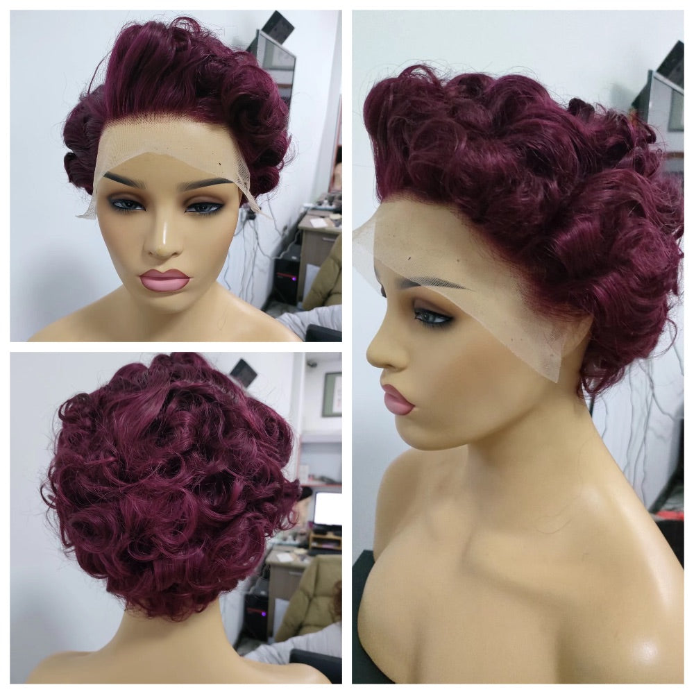 Red Short Pixie Cut Wigs Human Hair Lace frontal wig for Black Women