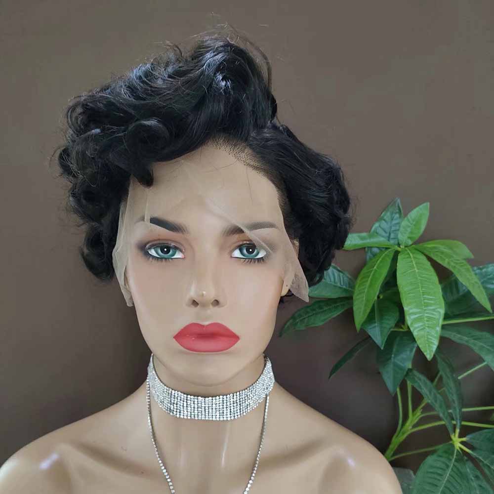 Short Curly Pixie Human Hair Wigs Lace Frontal Wig for African American