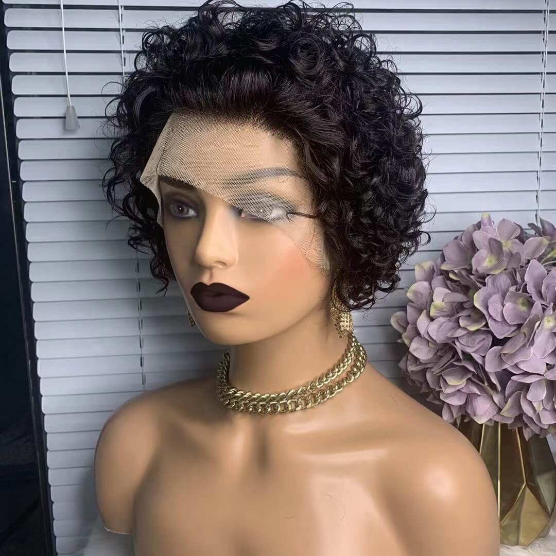 Short Human Hair Curly Pixie Wig 13x1 Lace Wig For African American