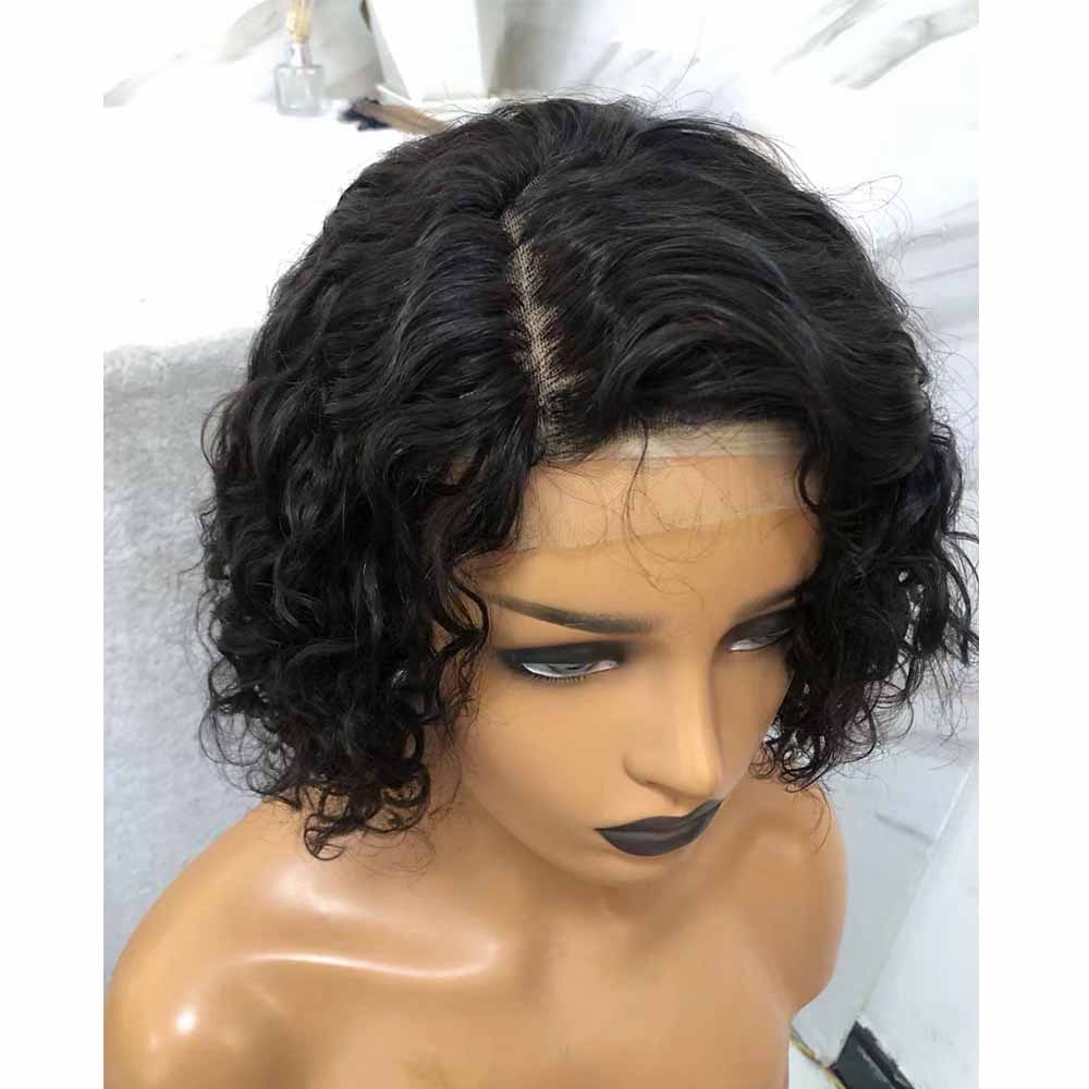Water Wave Pixie Cut Wig Human Hair Lace Frontal Wig for African American