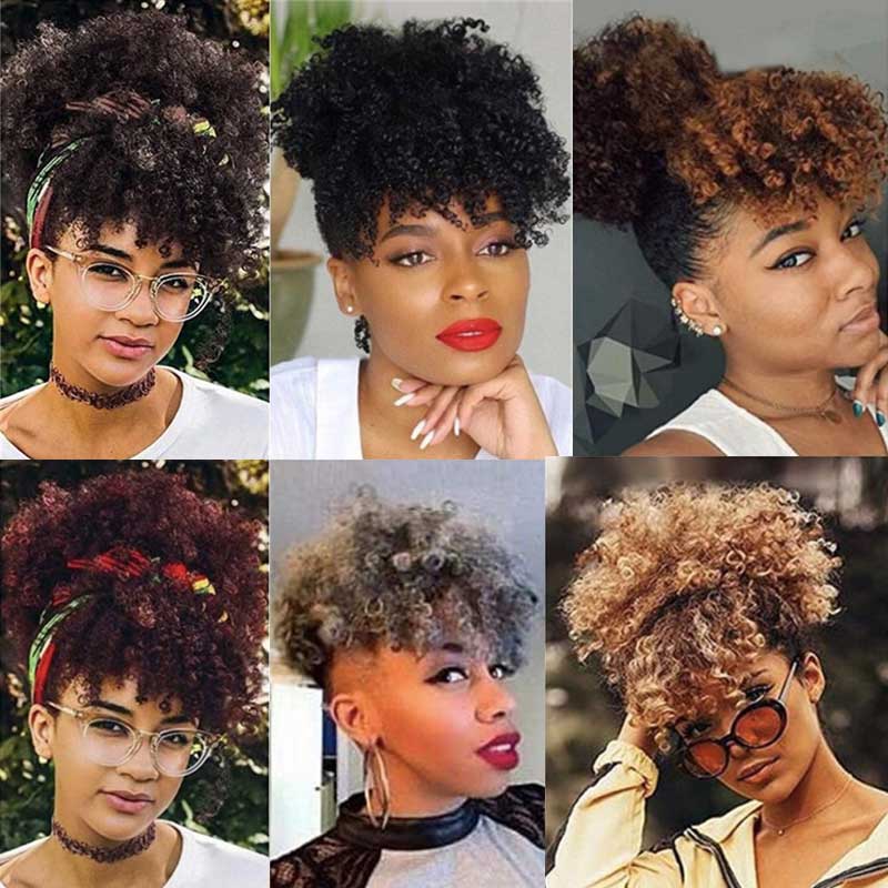 Natural Afro Puff With Bangs Synthetic Short Drawstring Ponytail hair