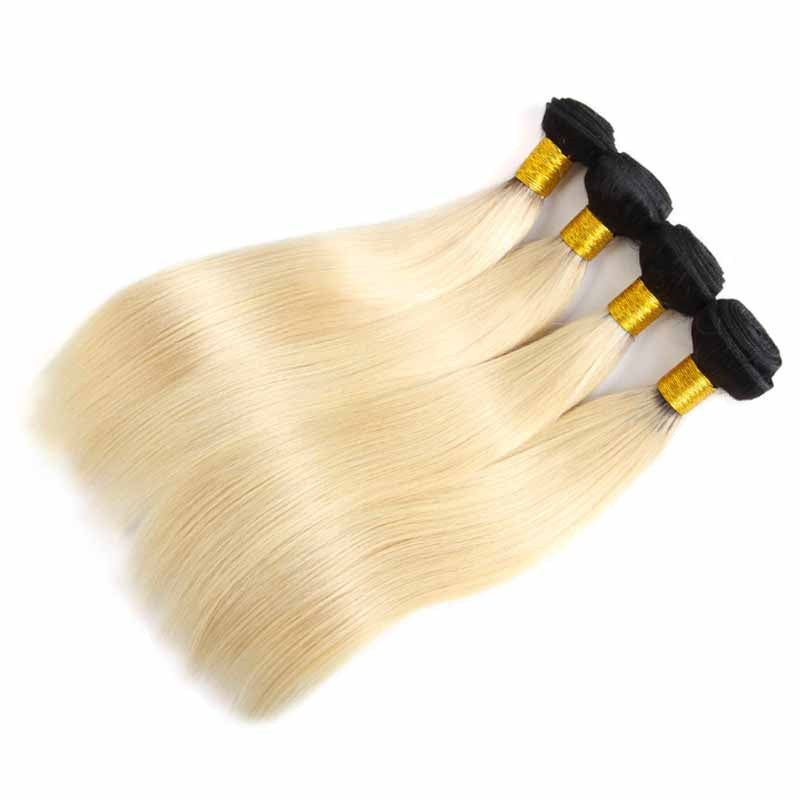 Dark Roots Blonde Hair Bundles Straight 4pc Deal for African American