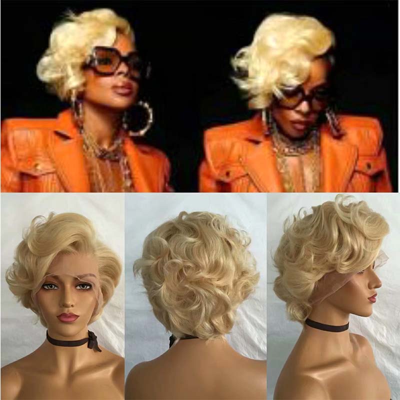 blonde curly pixie cut wig human hair for African American