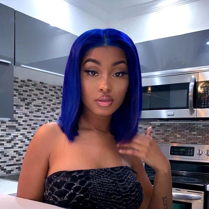 Blue Bob Wig Lace Front Human Hair for African American