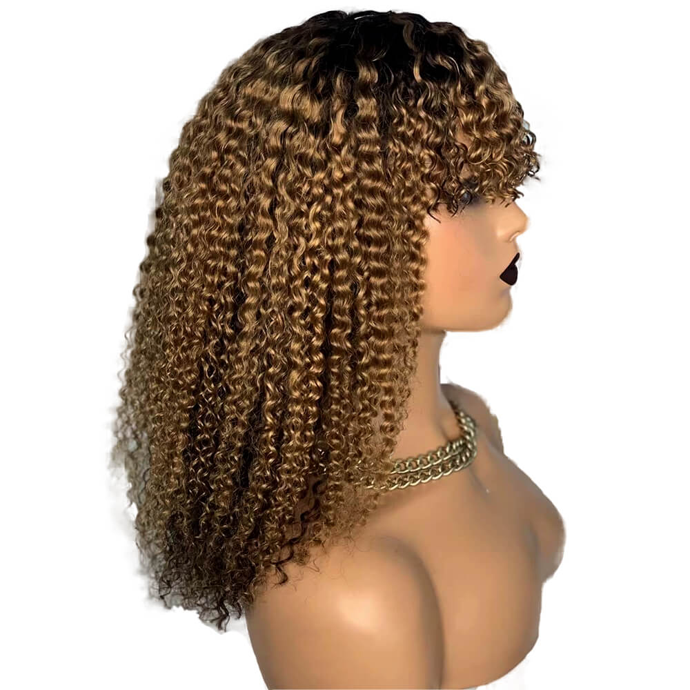 Ombre Curly Wig With Bangs Human Hair Kinky Curl Wig For African American