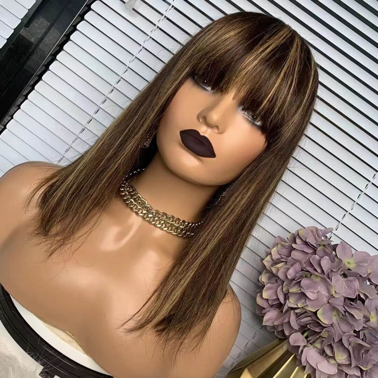 Highlight Human Hair Wig With Bangs Straight For African American